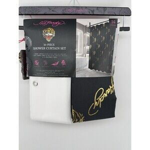 Ed Hardy 14 Piece Shower Curtain Set Black With Gold Metallic Tiger New